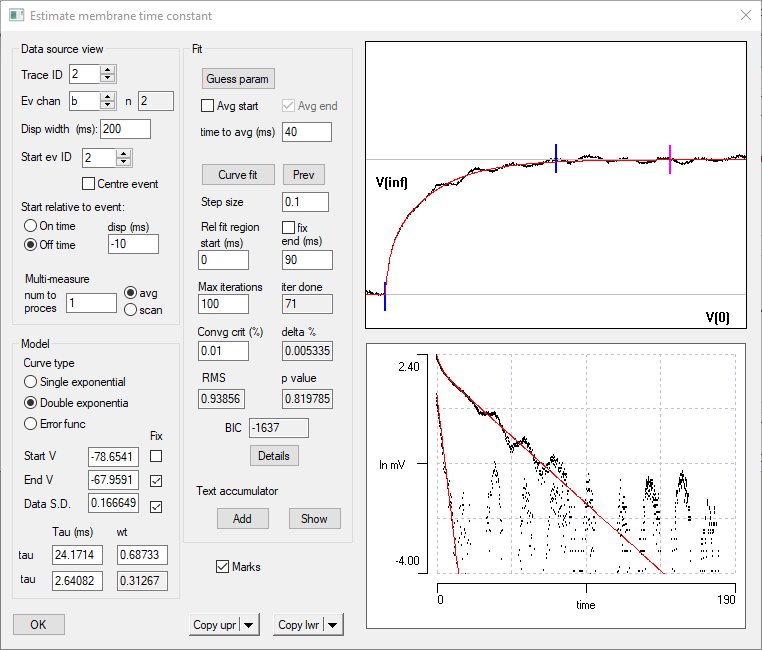 Estimate membrane time constant dialog